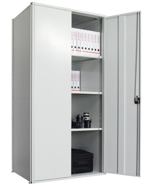 Flügeltürschrank, Grundregal 2000 x 1000 x 600 mm, RAL 7035 lichtgrau/verzinkt, 5 MULTIplus150-Fachböden, Seitenwände, Rückwand, 1 Stück Flügeltür inkl. 3-Punkt-Verriegelung