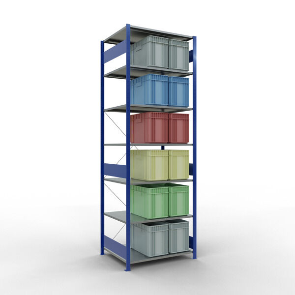 Grundregal, Fachbodenregal Stecksystem MULTIplus150, 3000 x 1000 x 800 mm (HxBxT), 7 Fachböden, Kreuzstrebe, RAL 5010/verzinkt