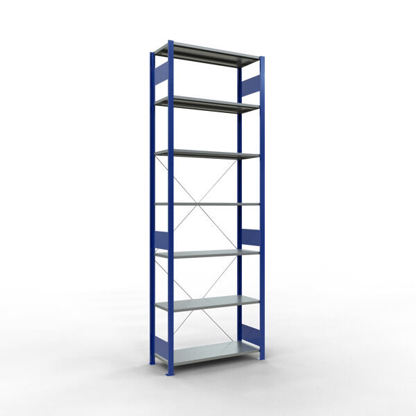 Grundregal, Fachbodenregal Stecksystem MULTIplus85, 3000 x 1000 x 400 mm (HxBxT), 7 Fachböden, Kreuzstrebe, RAL 5010 enzianblau