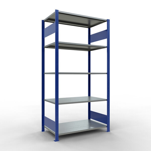 Grundregal, Fachbodenregal Stecksystem MULTIplus85, 2000 x 1000 x 600 mm (HxBxT), 5 Fachböden, Längenriegel, RAL 5010 enzianblau