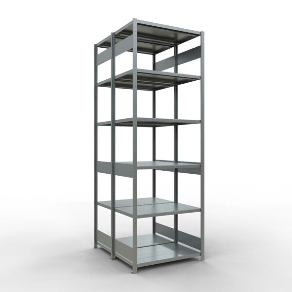 Grundregal, Doppelregal, Fachbodenregal Stecksysem MULTIplus250, 3000 x 1000 x (2x600) mm (HxBxT), 2x7 Fachböden, Längenriegel, verzinkt