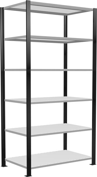 Grundregal, Büro-Fachbodenregal Stecksystem MULTIplus150, 2000 x 1000 x 600 mm (HxBxT), 6 Fachböden, Längenriegel, schwarz/RAL 7035 lichtgrau, mit Mittelanschlag