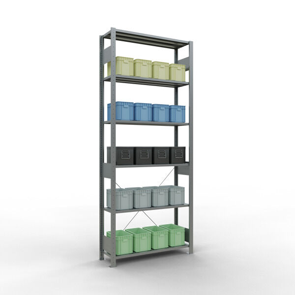 Grundregal, Fachbodenregal Stecksystem MULTIplus150, 2500 x 1000 x 300 mm (HxBxT), 6 Fachböden, Kreuzstrebe, verzinkt