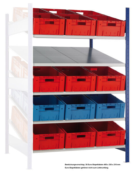 Anbauregal, Schrägbodenregal XL MULTIplus150, 2000 x 1300 x 1200 mm (HxBxT), RAL 5010 enzianblau/verzinkt, 2x5 Fachböden