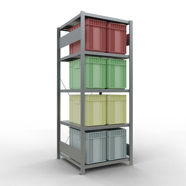 Grundregal, Fachbodenregal Stecksystem MULTIplus250, 2000 x 750 x 800 mm (HxBxT), 5 Fachböden, Kreuzstrebe, verzinkt
