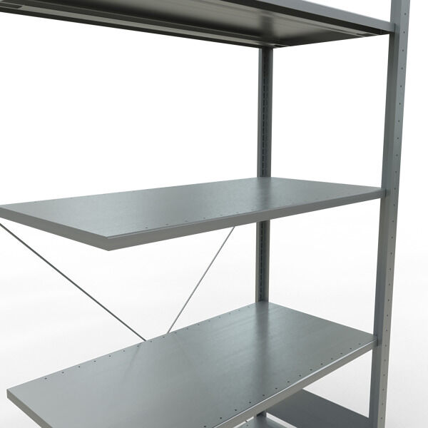 Anbauregal, Fachbodenregal Stecksystem MULTIplus85, 2000 x 1000 x 500 mm (HxBxT), 5 Fachböden, Kreuzstrebe, verzinkt