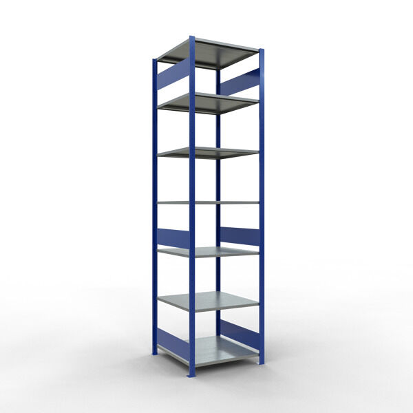 Grundregal, Fachbodenregal Stecksystem MULTIplus150, 3000 x 750 x 800 mm (HxBxT), 7 Fachböden, Längenriegel, RAL 5010 enzianblau/verzinkt/verzinkt
