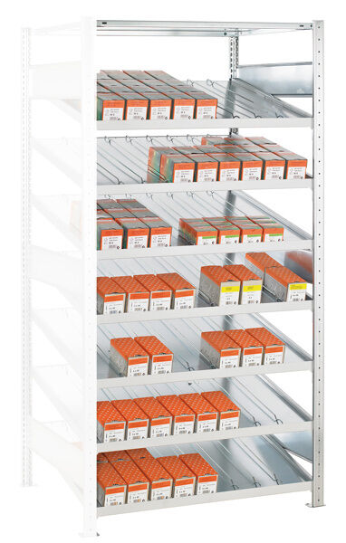 Anbauregal, Kanbanregal MULTIplus150, 2000 x 1000 x 500 mm (HxBxT), verzinkt, 7+1 Fachböden, mit Trenn- und Seitenführungen