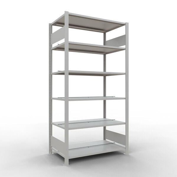Grundregal, Büro-Fachbodenregal Stecksystem MULTIplus150, 2000 x 1000 x 600 mm (HxBxT), 6 Fachböden, Längenriegel, RAL 7035 lichtgrau, mit Mittelanschlag