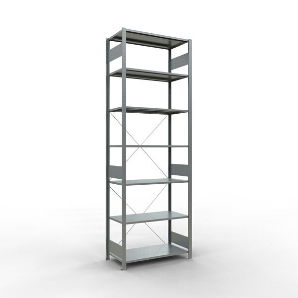 Grundregal, Fachbodenregal Stecksystem MULTIplus85, 3000 x 1000 x 500 mm (HxBxT), 7 Fachböden, Kreuzstrebe, verzinkt