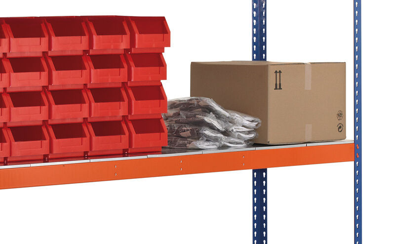GR, Weitspannregal Z1 mit Stahlpaneelen, 1981 x 1536 x 926 mm, blau/orange/verzinkt, 4 Ebenen, Fachlast 646 kg, Feldlast 3.200 kg