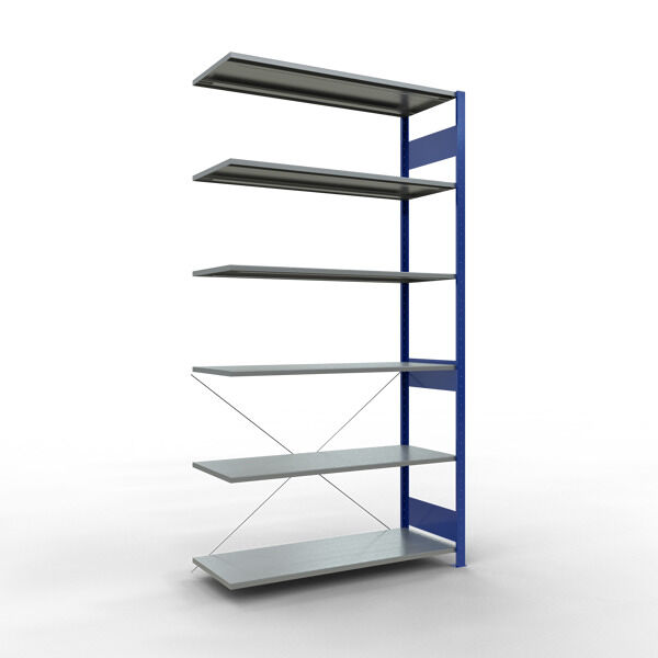 Anbauregal, Fachbodenregal Stecksystem MULTIplus150, 2500 x 1300 x 500 mm (HxBxT), 6 Fachböden, Kreuzstrebe, RAL 5010 enzianblau/verzinkt