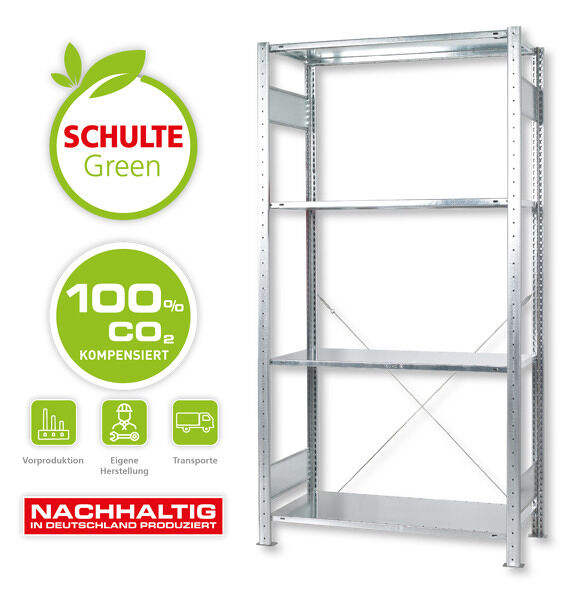 Grundregal, SCHULTE Green Fachbodenregal Stecksystem MULTIplus150-Set, 2000 x 1000 x 600 mm (HxBxT), 4 Fachböden, Kreuzstrebe, verzinkt