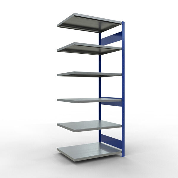 Anbauregal, Fachbodenregal Stecksystem MULTIplus250, 2500 x 1000 x 800 mm (HxBxT), 6 Fachböden, Längenriegel, RAL 5010 enzianblau/verzinkt