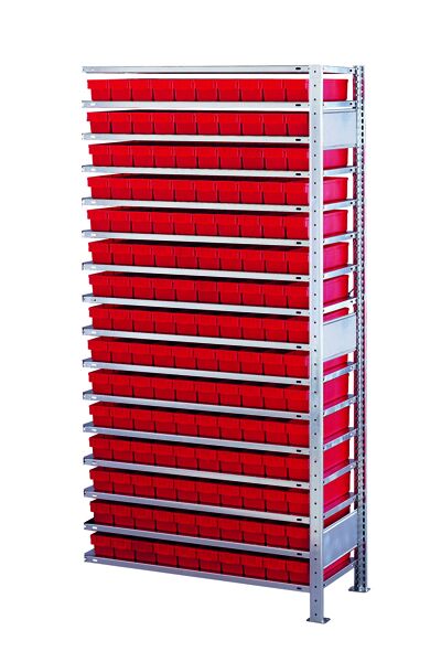 AR, Kleinteileregal-Set 1 MULTIplus150, 2000 x 1000 x 600 mm, verzinkt, 16 Fachböden, 150 Regalkästen 83x93x600 mm rot