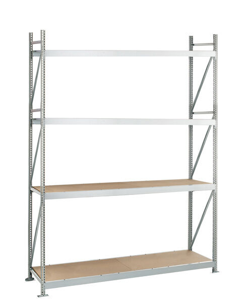 Grundregal, Weitspannregal WS 3000 ML50 mit Spanplatten, 2500 x 2500 x 800 mm, verzinkt, 4 Ebenen, Fachlast 500 kg, Feldlast 2.000 kg