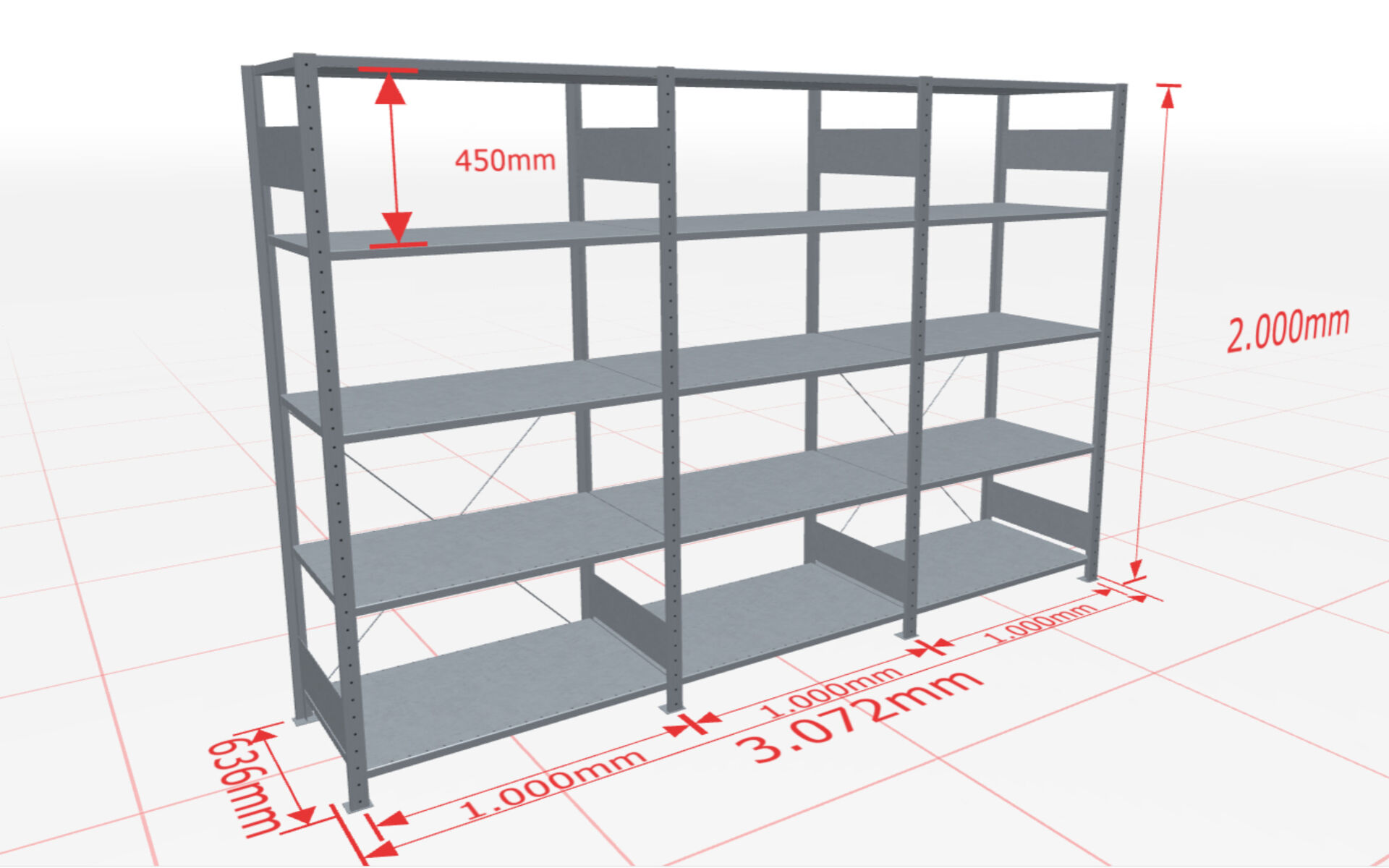3 m-Set Fachbodenregal Stecksystem MULTIplus150, 2000 x 3000 x 600 mm HxBxT, 15 Fachböden, verzinkt