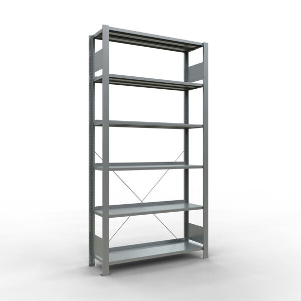 Grundregal, Büro-Fachbodenregal Stecksystem MULTIplus85, 2000 x 1000 x 300 mm (HxBxT), 6 Fachböden, Kreuzstrebe, verzinkt, mit Anschlagleiste