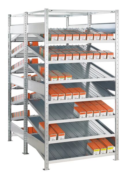 Grundregal, Doppel-Kanbanregal MULTIplus150, 2000 x 1000 x 2x800 mm (HxBxT), verzinkt, 2x(7+1) Fachböden, mit Trenn- und Seitenführungen