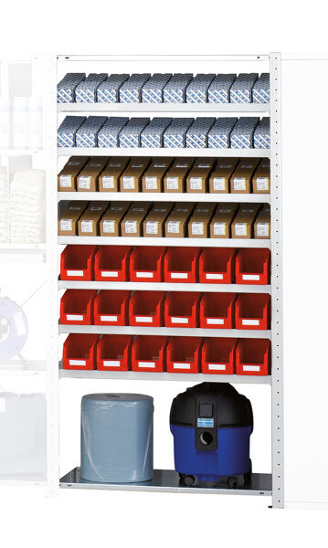 AR, Regalmodul M5, 2000 x 1000 x 500 mm, RAL 7035 lichtgrau/verzinkt, 7 schräge MULTIplus150-Fachböden, 2 gerade MULTIplus150-Fachböden, 49 Trennführungen