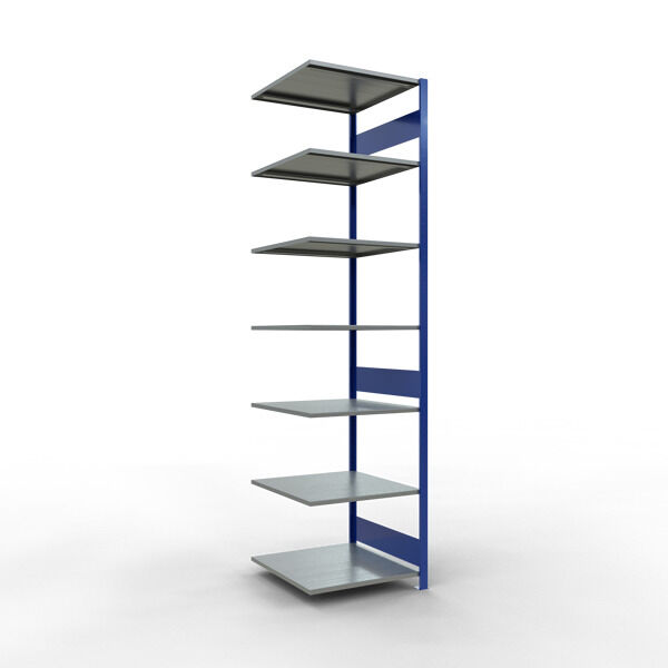 Anbauregal, Fachbodenregal Stecksystem MULTIplus150, 3000 x 750 x 800 mm (HxBxT), 7 Fachböden, Längenriegel, RAL 5010 enzianblau/verzinkt/verzinkt