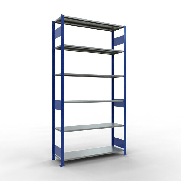 Grundregal, Fachbodenregal Stecksystem MULTIplus150, 2500 x 1300 x 400 mm (HxBxT), 6 Fachböden, Längenriegel, RAL 5010 enzianblau/verzinkt
