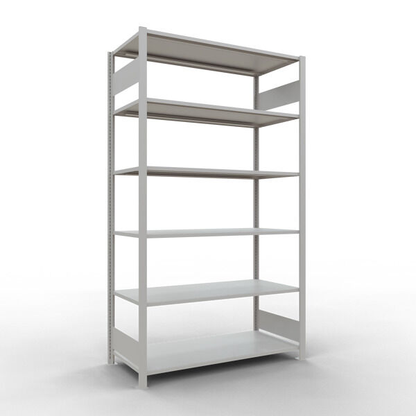 Grundregal, Büro-Fachbodenregal Stecksystem MULTIplus150, 2300 x 1300 x 600 mm (HxBxT), 7 Fachböden, Längenriegel, RAL 7035 lichtgrau, ohne Mittelanschlag
