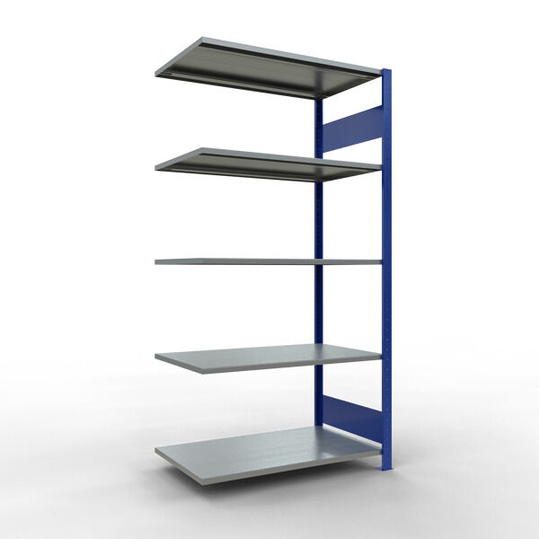 Anbauregal, Fachbodenregal Stecksystem MULTIplus85, 2000 x 1000 x 600 mm (HxBxT), 5 Fachböden, Längenriegel, RAL 5010 enzianblau