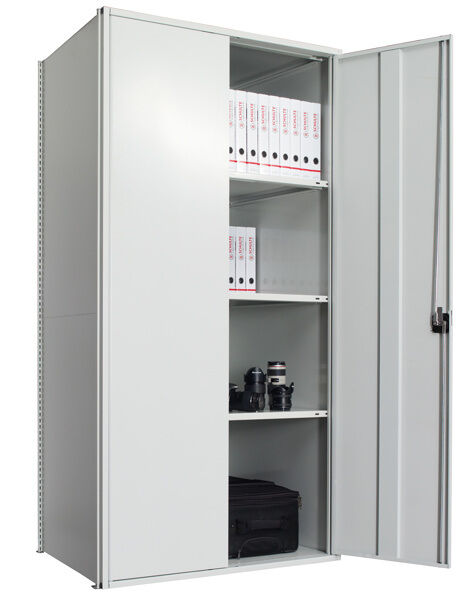 Flügeltürschrank, Grundregal 2000 x 1000 x 500 mm, RAL 7035 lichtgrau/verzinkt, 5 MULTIplus150-Fachböden, Seitenwände, Rückwand, 1 Stück Flügeltür inkl. 3-Punkt-Verriegelung