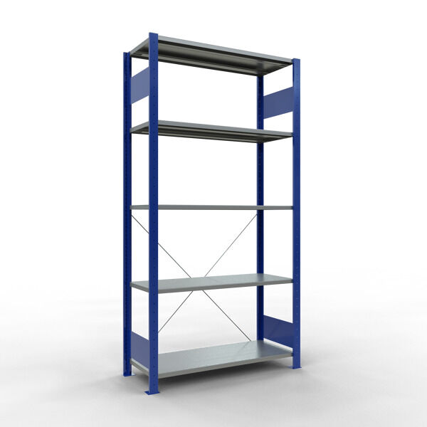 Grundregal, Fachbodenregal Stecksystem MULTIplus85, 2000 x 1000 x 400 mm (HxBxT), 5 Fachböden, Kreuzstrebe, RAL 5010 enzianblau