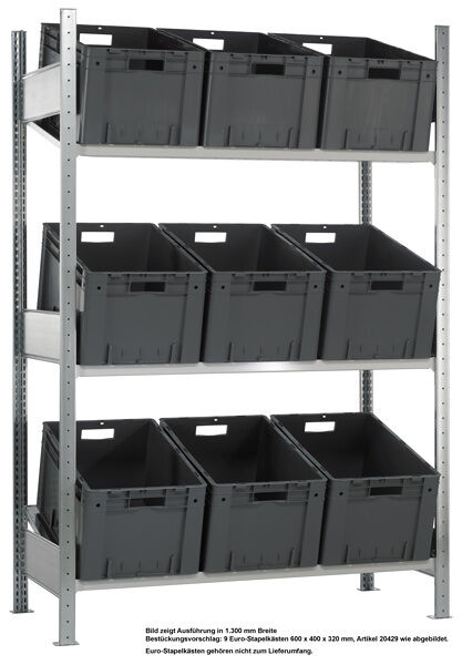 Grundregal, Schrägbodenregal L MULTIplus150, 2000 x 1300 x 600 mm (HxBxT), verzinkt/RAL 7035 lichtgrau, 3 Fachböden