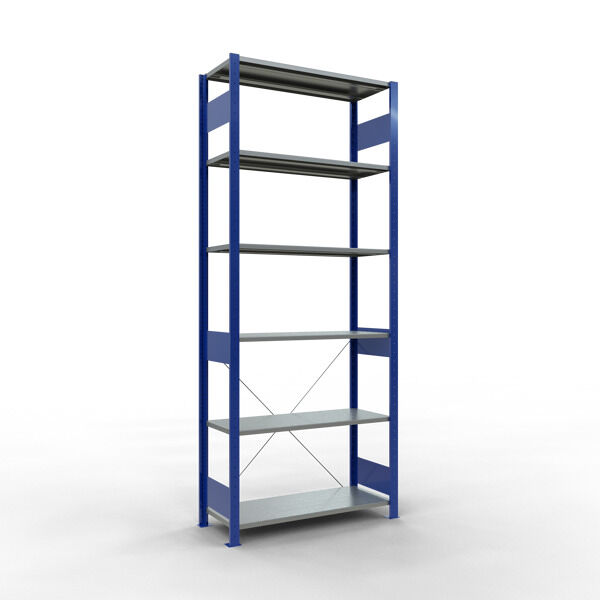 Grundregal, Fachbodenregal Stecksystem MULTIplus85, 2500 x 1000 x 400 mm (HxBxT), 6 Fachböden, Kreuzstrebe, RAL 5010 enzianblau