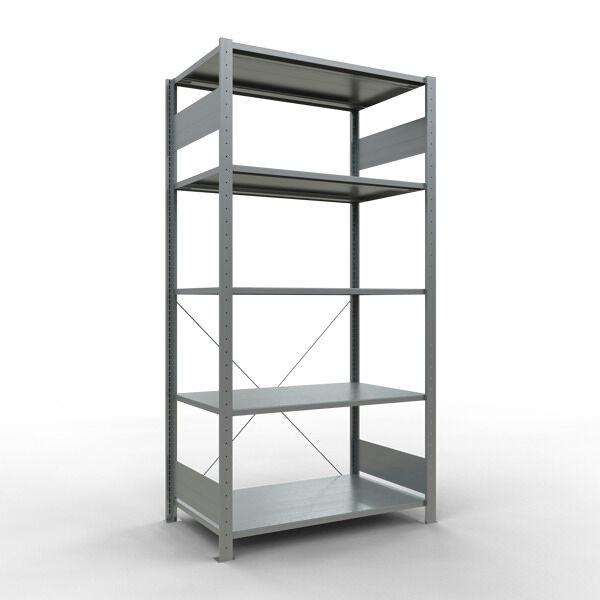 Grundregal, Fachbodenregal Stecksystem MULTIplus85, 2000 x 1000 x 600 mm (HxBxT), 5 Fachböden, Kreuzstrebe, verzinkt