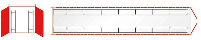 Container-Regalset für 20-Container, 2000 x 11752 x 400 mm (HxBxT), verzinkt, 14 Felder á 1.500 mm (HxBxT) mit je 3 Reifenebenen, 2 Felder á 1.150 mm (HxBxT) mit je 3 Reifenebenen