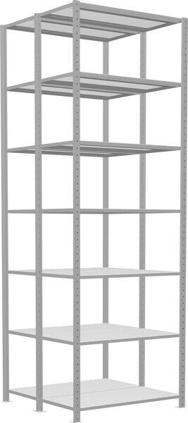 Grundregal, Doppelregal, Fachbodenregal Stecksysem MULTIplus150, 3000 x 1000 x (2x500) mm (HxBxT), 2x7 Fachböden, Längenriegel, RAL 7035 lichtgrau