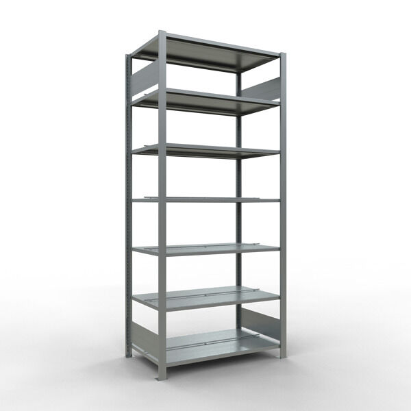 Grundregal, Büro-Fachbodenregal Stecksystem MULTIplus150, 2300 x 1000 x 600 mm (HxBxT), 7 Fachböden, Längenriegel, verzinkt, mit Mittelanschlag