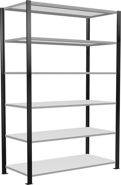 Grundregal, Büro-Fachbodenregal Stecksystem MULTIplus150, 2000 x 1300 x 600 mm (HxBxT), 6 Fachböden, Längenriegel, schwarz/RAL 7035 lichtgrau, mit Mittelanschlag