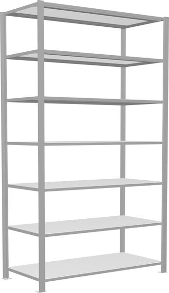 Grundregal, Büro-Fachbodenregal Stecksystem MULTIplus150, 2300 x 1300 x 600 mm (HxBxT), 7 Fachböden, Längenriegel, RAL 7035 lichtgrau, mit Mittelanschlag