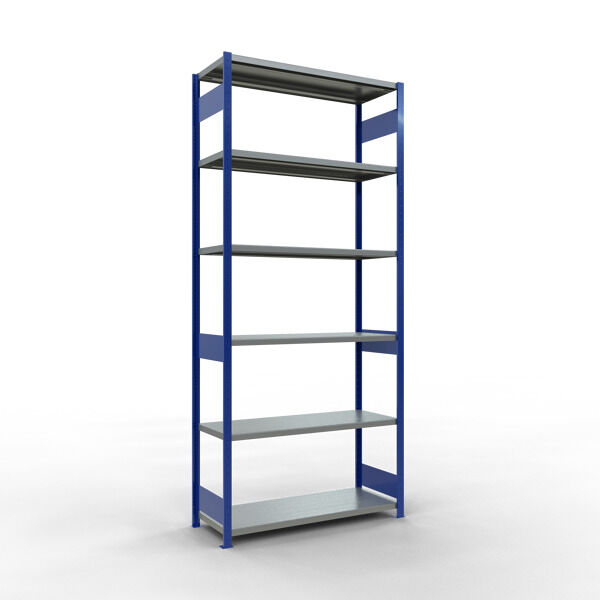 Grundregal, Fachbodenregal Stecksystem MULTIplus250, 3000 x 1300 x 500 mm (HxBxT), 7 Fachböden, Längenriegel, RAL 5010 enzianblau/verzinkt