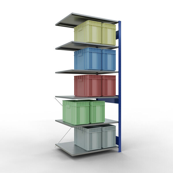 Anbauregal, Fachbodenregal Stecksystem MULTIplus150, 2500 x 1000 x 800 mm (HxBxT), 6 Fachböden, Kreuzstrebe, RAL 5010/verzinkt