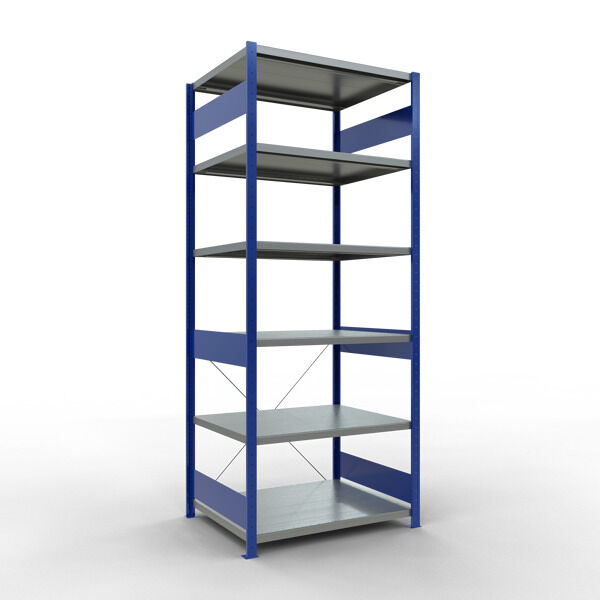 Grundregal, Fachbodenregal Stecksystem MULTIplus250, 2500 x 1000 x 800 mm (HxBxT), 6 Fachböden, Kreuzstrebe, RAL 5010 enzianblau/verzinkt