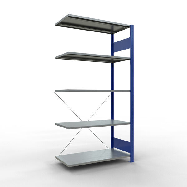 Anbauregal, Fachbodenregal Stecksystem MULTIplus85, 2000 x 1000 x 500 mm (HxBxT), 5 Fachböden, Kreuzstrebe, RAL 5010 enzianblau