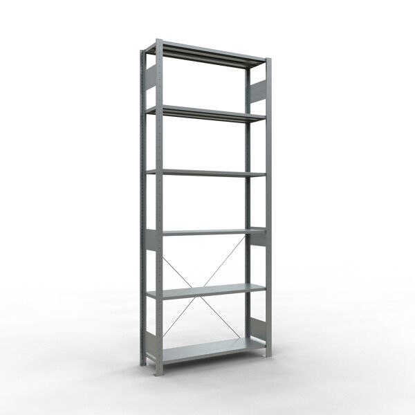 Grundregal, Fachbodenregal Stecksystem MULTIplus85, 2500 x 1000 x 300 mm (HxBxT), 6 Fachböden, Kreuzstrebe, verzinkt