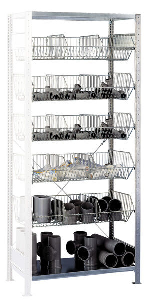 Anbauregal, Drahtgitterkorbregal MULTIplus150, 2300 x 1000 x 500 mm (HxBxT), verzinkt, 2 Fachböden, 5 Stück Drahtgitterkörbe
