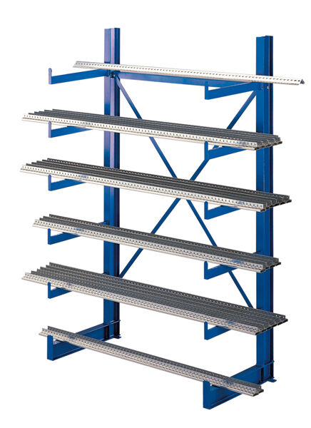 Grundregal, K 1000 Kragarmregal-Set, einseitig, 2000 x 1250 x 500  (HxBxT), RAL 5010 enzianblau, Tragkraft je anm: 200 kg, Tragkraft gesamt einschließlich Fußebene: 2.400 kg