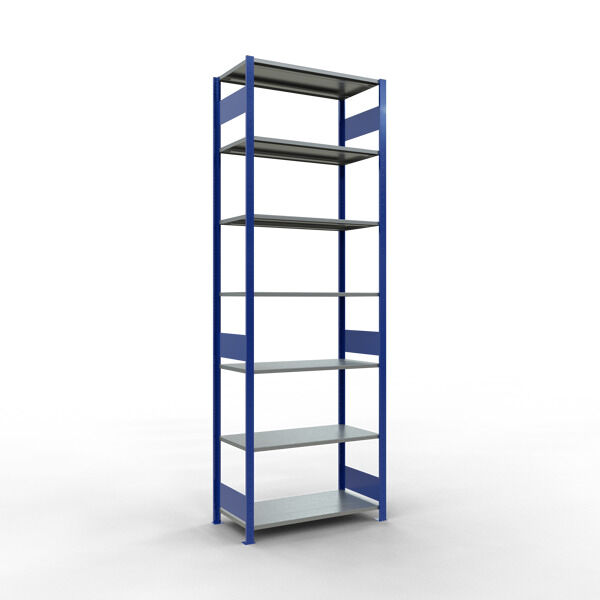 Grundregal, Fachbodenregal Stecksystem MULTIplus85, 3000 x 1000 x 500 mm (HxBxT), 7 Fachböden, Längenriegel, RAL 5010 enzianblau