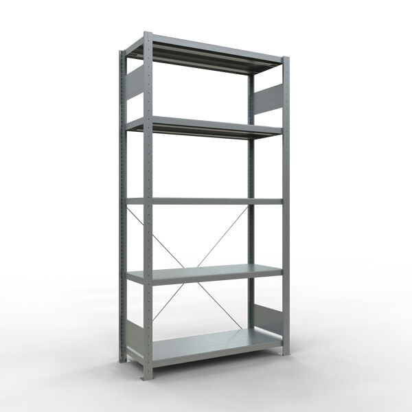 Grundregal, Fachbodenregal Stecksystem MULTIplus250, 2000 x 1000 x 400 mm (HxBxT), 5 Fachböden, Kreuzstrebe, verzinkt