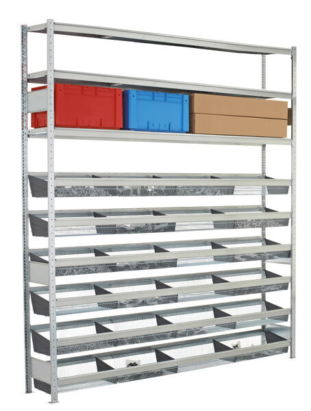 Grundregal, Weitspannregal WS 2000 mit Gitterkörben 3000 x 2500 x 400 mm (HxBxT), verzinkt, 6 Ebenen mit Gitterkörben á 210 kg Fachlast + 3 Ebenen Stahlböden á 400 kg Fachlast, Feldlast 2.000 kg
