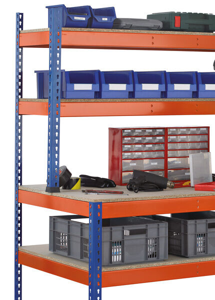 Z1-Packtisch mit Lagerebene und Regalaufsatz, 1981 x 1536 x 773/316 mm, blau/orange