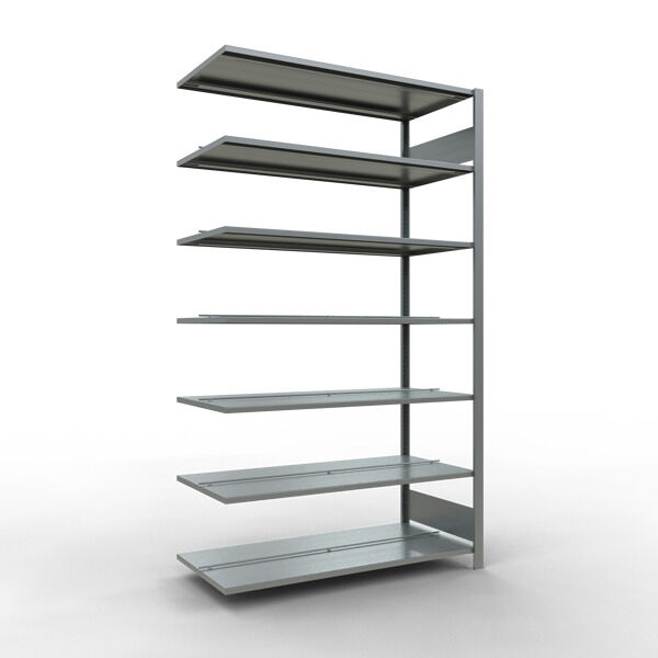 Anbauregal, Büro-Fachbodenregal Stecksystem MULTIplus150, 2300 x 1300 x 600 mm (HxBxT), 7 Fachböden, Längenriegel, verzinkt, mit Mittelanschlag